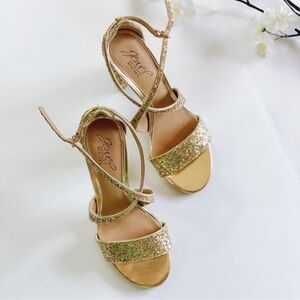 Badgley Mischka Jewel Cook Block Heel Glitter Sandal Gold Leather
